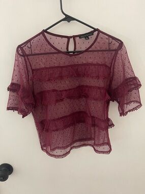 Sheer Ruffle Short-Sleeve Blouse in Wine